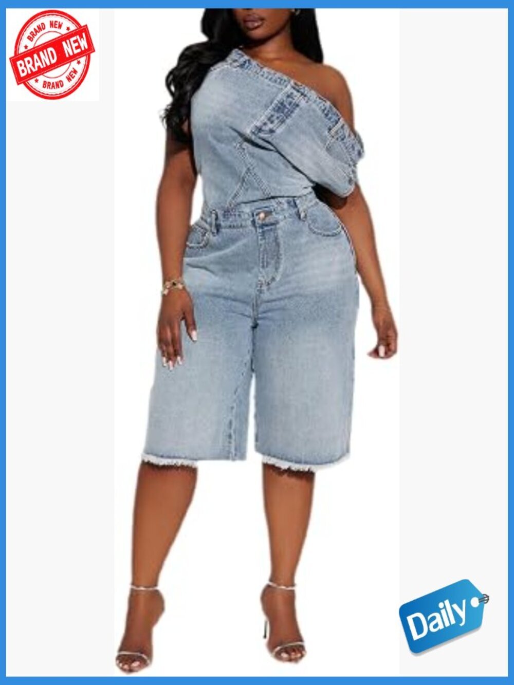 Off Shoulder Denim Romper Jumpsuit One Piece Bodycon Stretchable Sleeveless